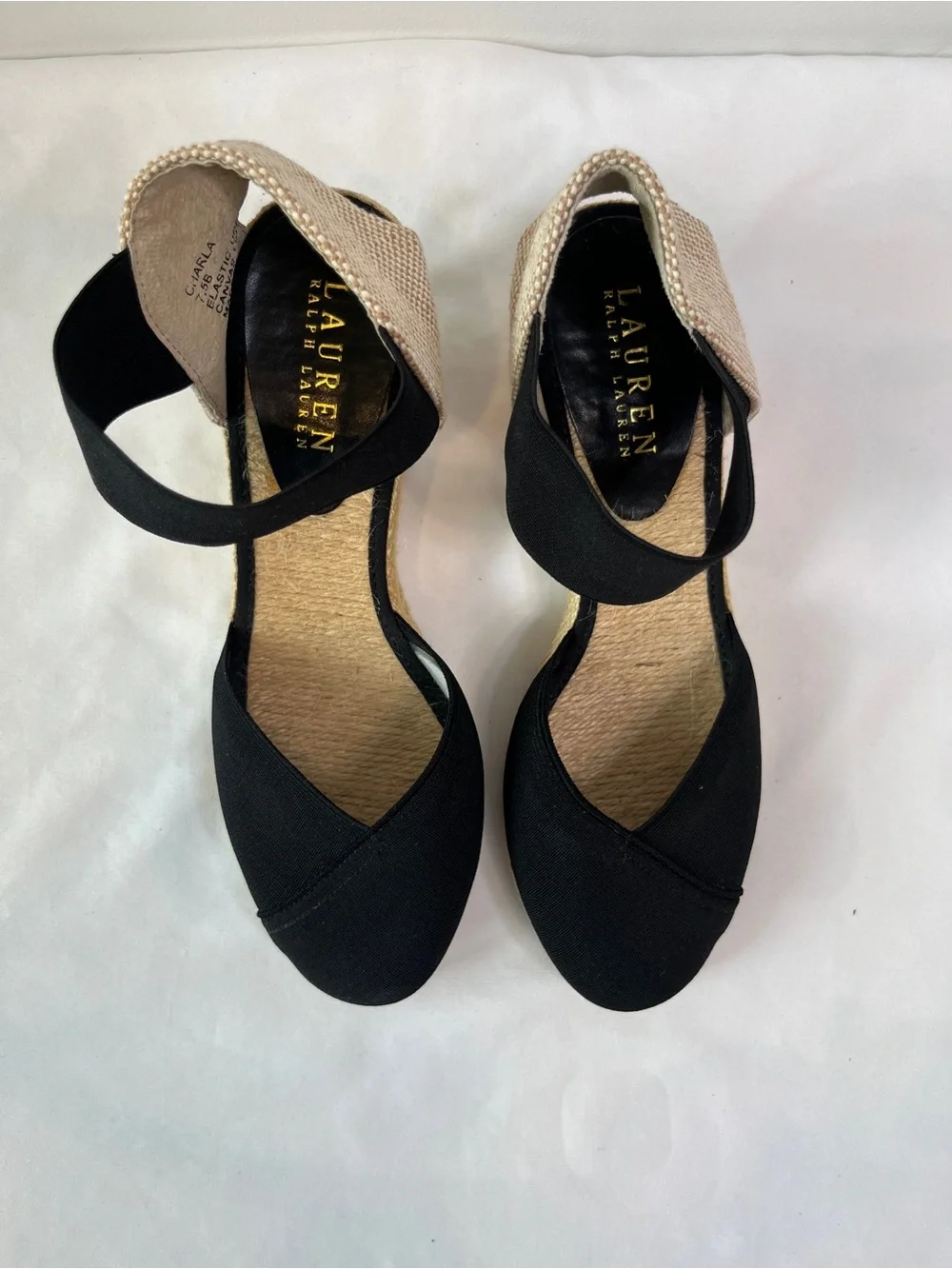 Lauren Ralph Lauren Charla Espadrille Wedge Sandals Black Ankle Strap Size 7.5B